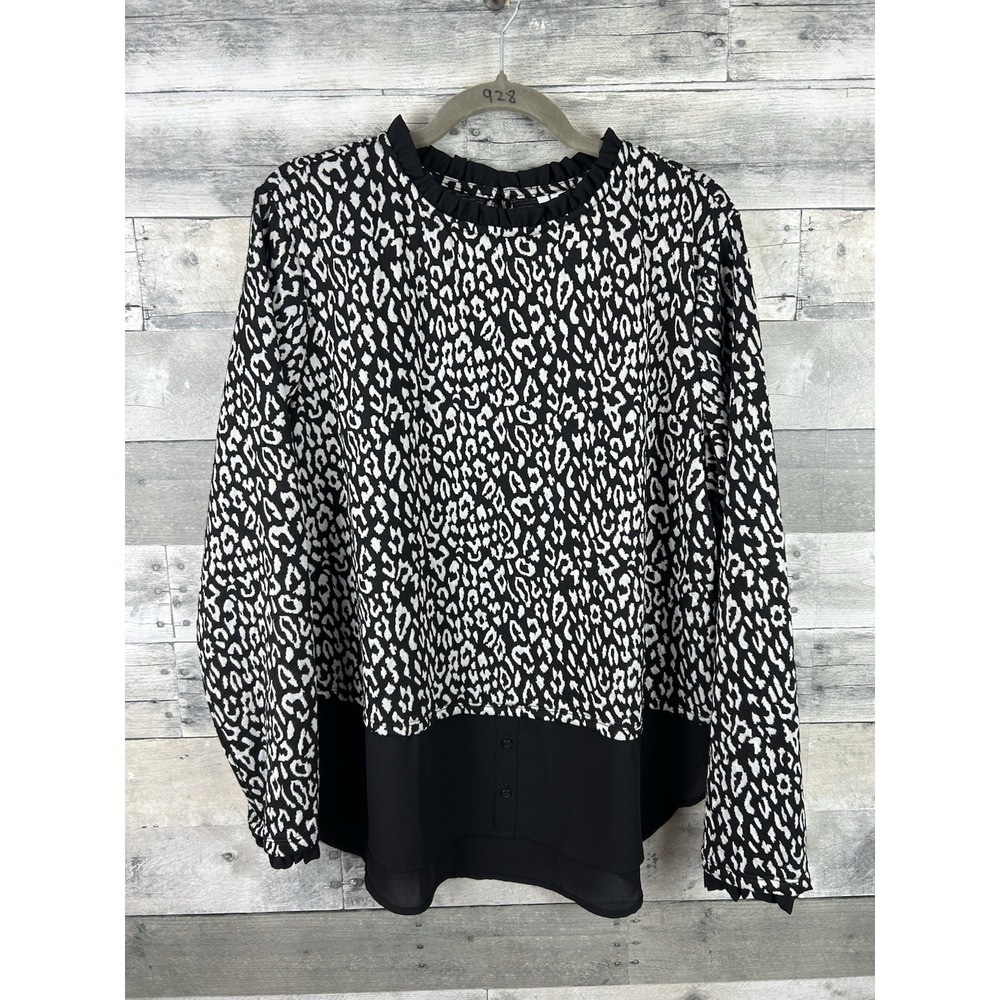 Elle Blouse Black White Leopard Print Layered Ruffle Mixed Media Top Women XL